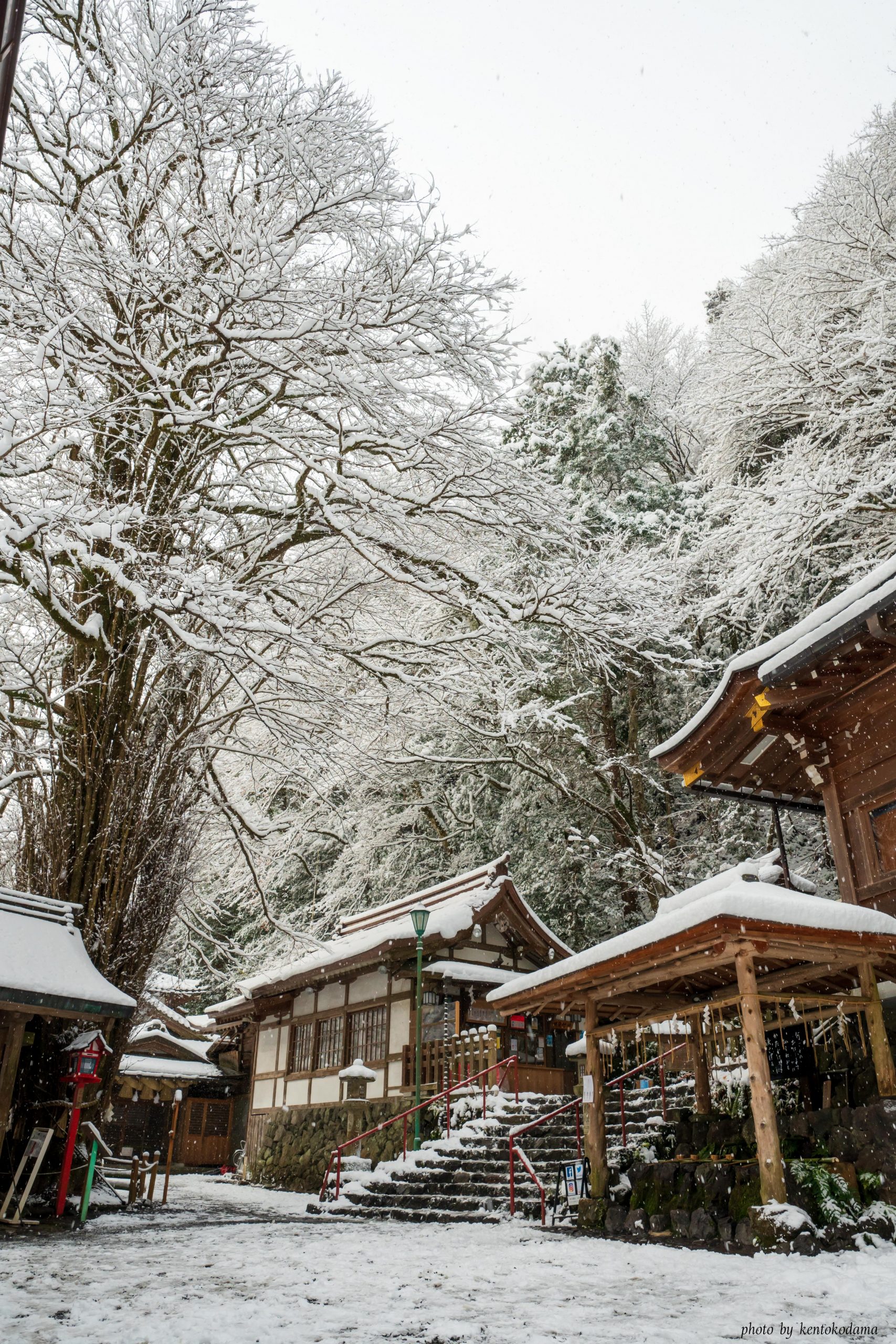 京都　貴船神社　冬　朝　雪