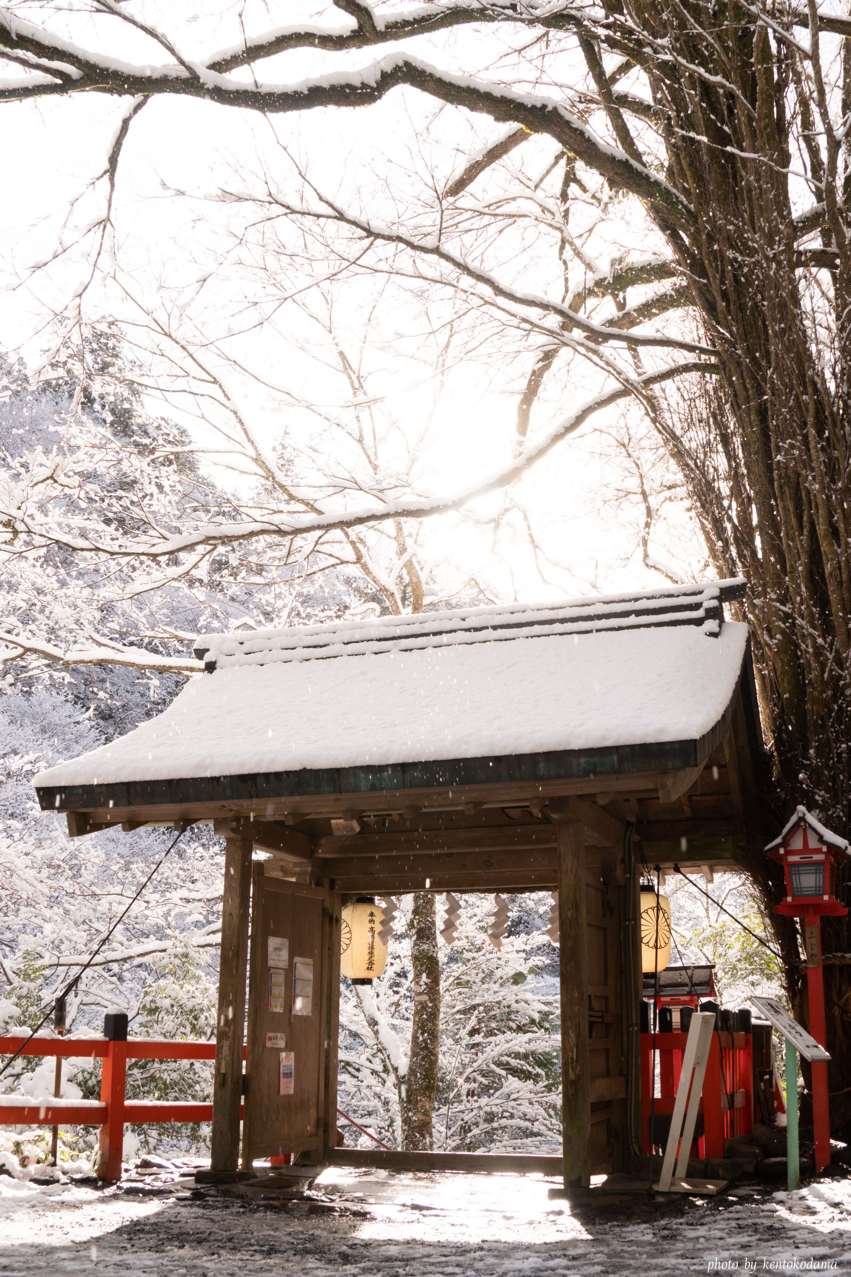 京都　貴船神社　冬　朝　雪